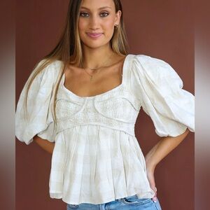Sofie the Label Small Linen Blend Cropped Babydoll Bustier Puff Sleeve Top